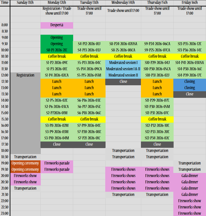 Schedule of the 20th International Symposium on Fireworks, presented in table form, hour-by-hour for Sunday through Friday.